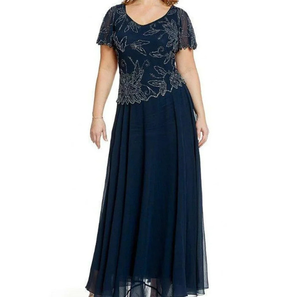 J Kara "NEW" Blue Short Flutter Sleeve Romantic Beaded Long Maxi Dress Size 6 - Picture 1 of 12